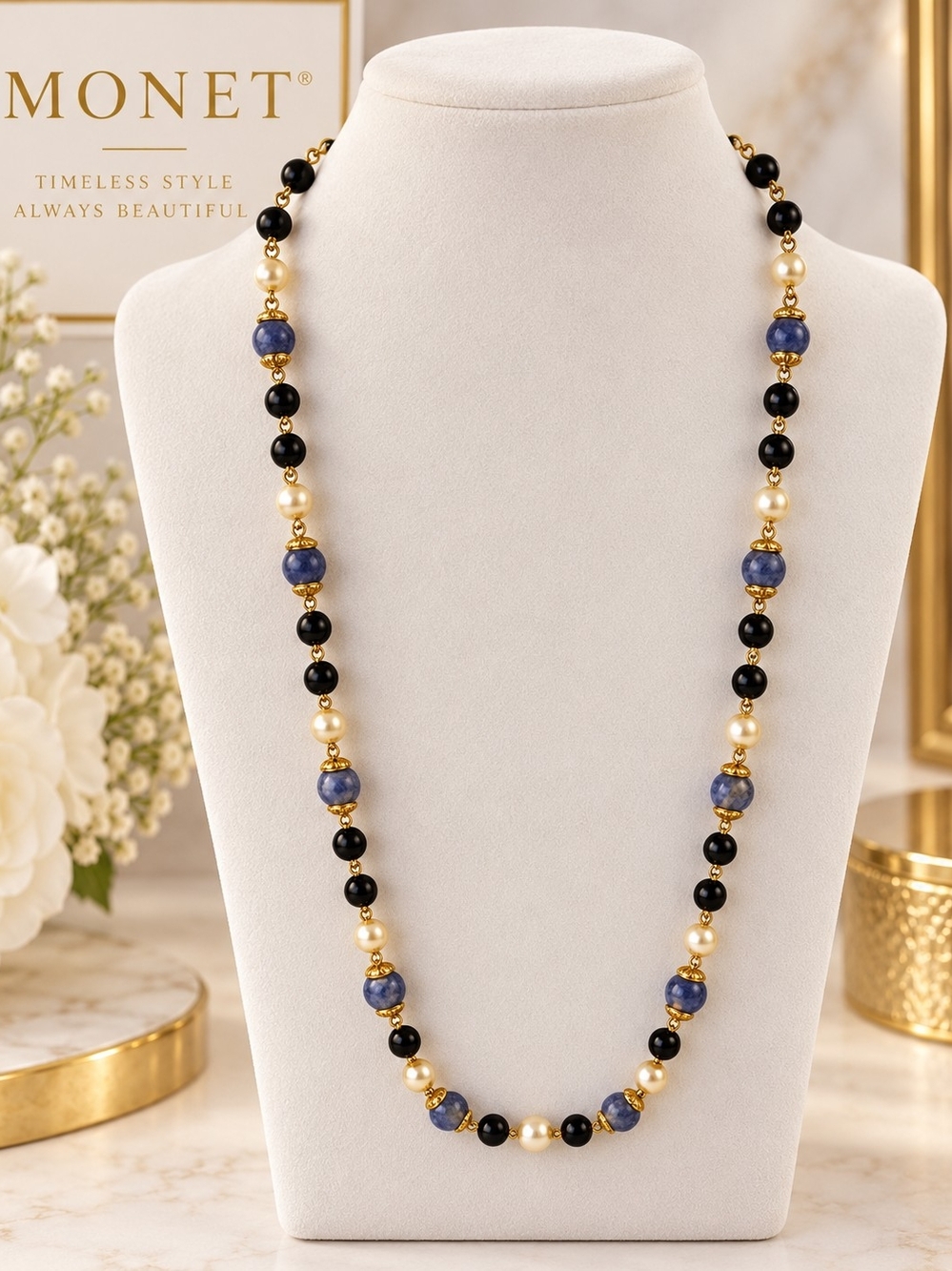 Monet Blue, Black & Gold Bead Necklace
